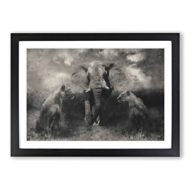 Elephant with Lions - Picture Frame Graphic Art, 48cm H x 65cm W x 2cm D, Black Framed