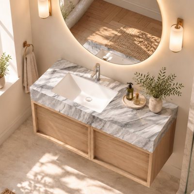 Meuble-lavabo mural moderne de 36 po, plateau de table en pierre frittée avec armoires en bois massif, meuble-lavabo flottant (fixer le lavabo seulement)