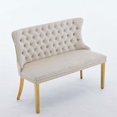 Velvet Upholstered Double Dining Loveseat Bench with Handmade Buttons and Sturdy Legs, Ideal for Mid Century Modern Dining Spaces