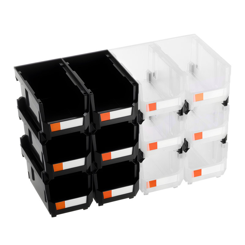 Bacs de rangement en plastique empilables, 14,8 x 8,5 x 7,1 pouces (paquet de 12), contenants en plastique pour organiser et bacs de rangement pour le garage, petites pièces, fournitures de bureau, autres accessoires, noir et transparent