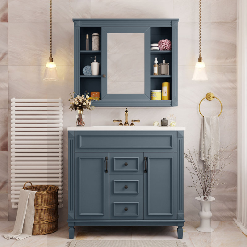 Meuble-lavabo de salle de bain avec lavabo supérieur, armoire à miroir bleu royal, armoire de rangement moderne avec 2 portes à fermeture douce et 2 tiroirs, meuble-lavabo simple