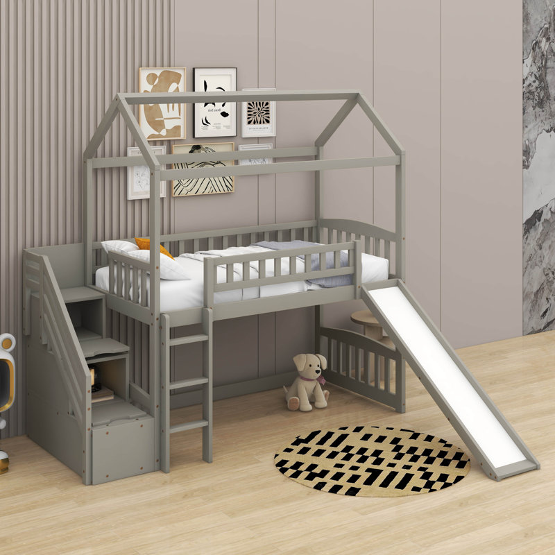 Lit mezzanine simple avec glissade, Gris