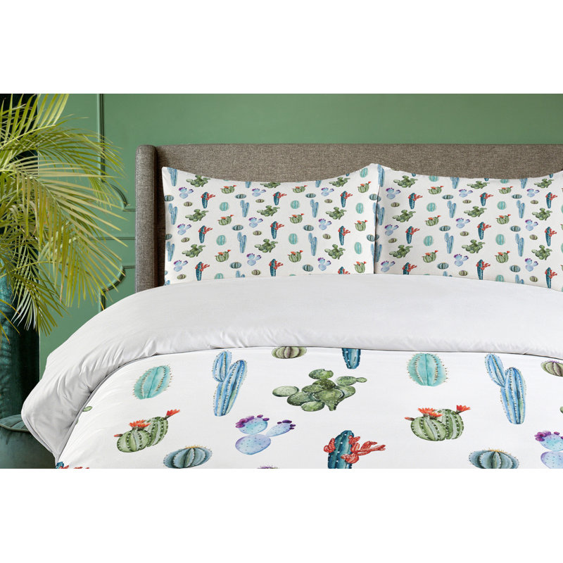 Blue and Green Cactus Print Queen Duvet Cover Set