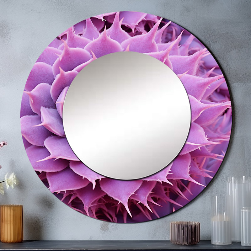 Cactus Mauve Majesty - grand miroir mural Cactus, miroir décoratif rond traditionnel, impression d'art en métal