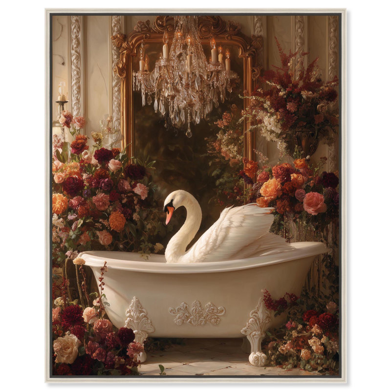 Art de salle de bain «Swan in Deep Bloom Bath» par Art Remedy, cadre argenté, 30 x 36, H 37 po x l 31 po, Cadre argenté
