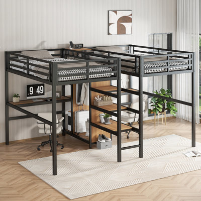 Space-Saving Twin Over Twin Metal Loft Bed with Double Desk, Wardrobe, Shelves & Electrical Outlet for Noise Reduction, woodgrain