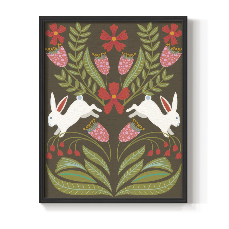 «Folk Flower and Rabbit I», reproduction encadrée - bois massif, Noir, noir, noir, noir, H 15 po x l 12 po
