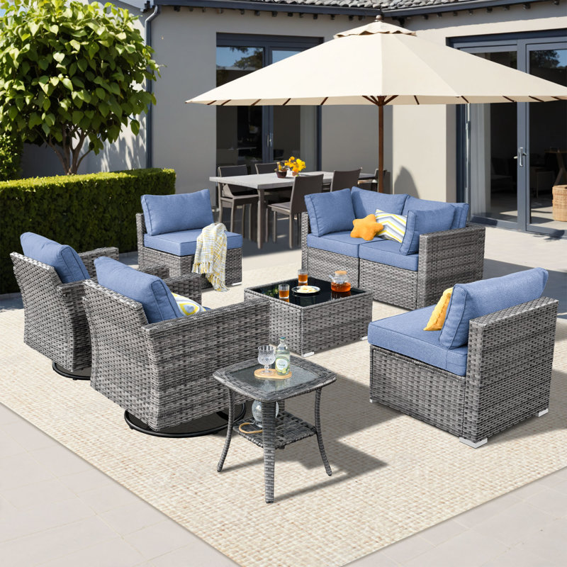 Rebbecca Premium All-Weather Wicker 6 - Person Patio Conversation Set with Cushions, Denim Blue