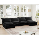 Slipcovered U Shape 4 Seater Sectional Long Sectionl Cocuh, Armless Sectional Sofa With Reversible Ottoman And French Edge Design Big Pillows