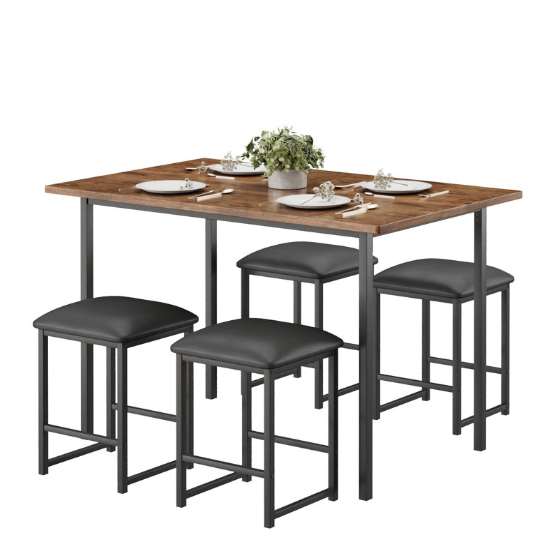 5 Pieces Dining Table Set Kitchen Table and Stool For 4 Modern Space Saving Kitchen Breakfast Table with PU Stools Chair, Heavy-Duty Metal Frame Wooden Industrial Farmhouse Style, Brown