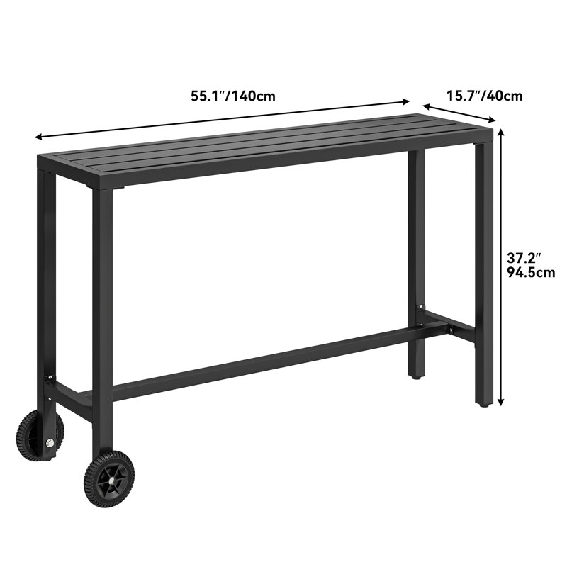 Soline 39”/55"W X 37"H Rectangular Metal Outdoor Bar Table with Wheels, Black, 55.1" L x 15.7"W
