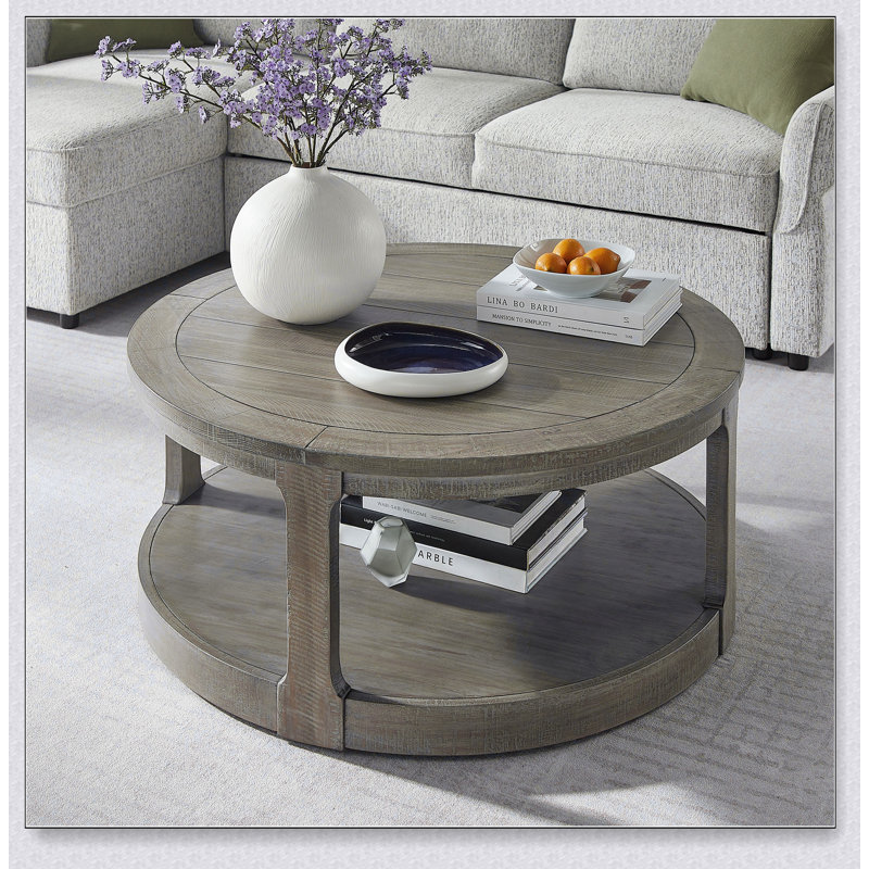 40-Inch Large Curved 2-Tier Traditional Round Wooden Coffee Table With Wheels, Mid-Century Rustic Style For Living Room And Office