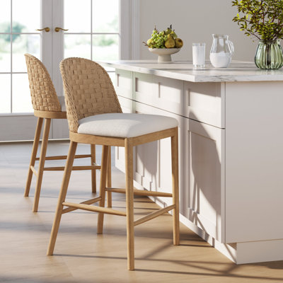 Boucle Counter Stool With Upholstered Seat And Woven Seagrass Backrest