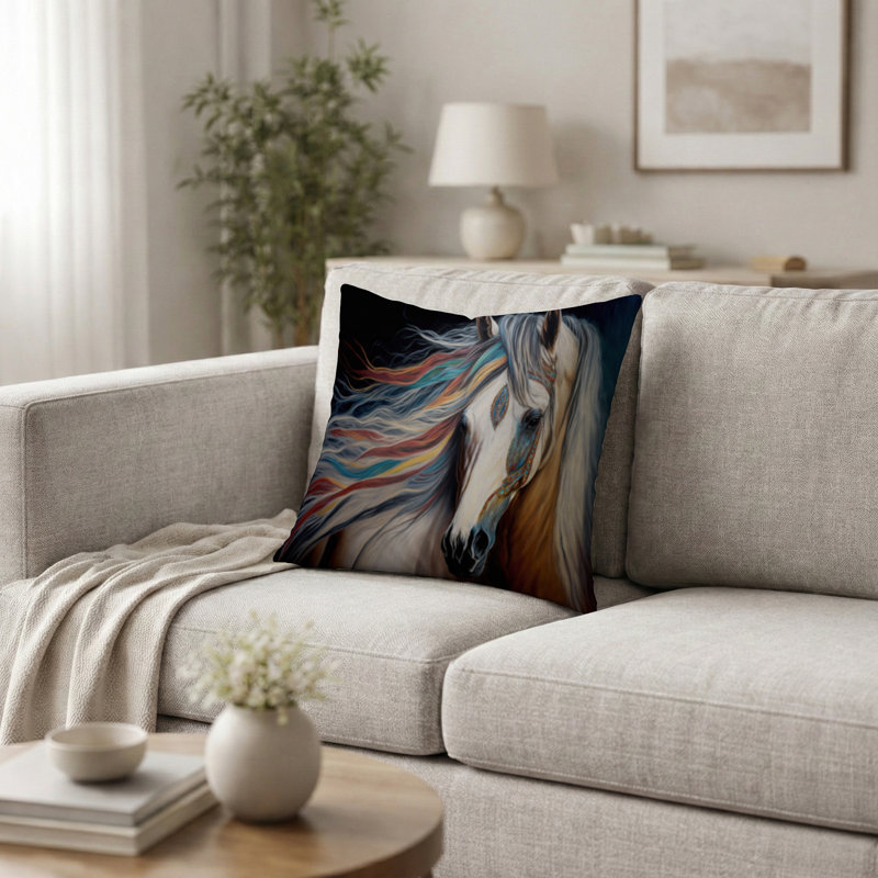 Coussin décoratif pour animaux - Cheval indien à crinière colorée | Coussin imprimé, H 18 po x l 18 po