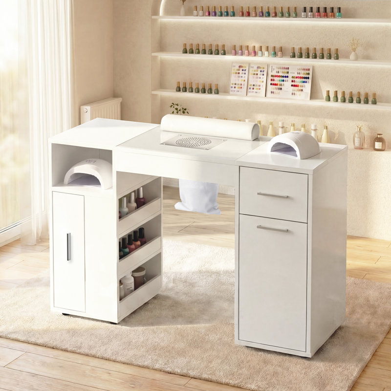 Nail Desk,Professional Manicure Table with Wrist Rest&Drawers&Cabinet,Nail Station Beauty Tech Desk with Electric Dust Collector&Dust Bags,Glass Tabletop Nail Table with Pull-out Locker&Wheel (White)