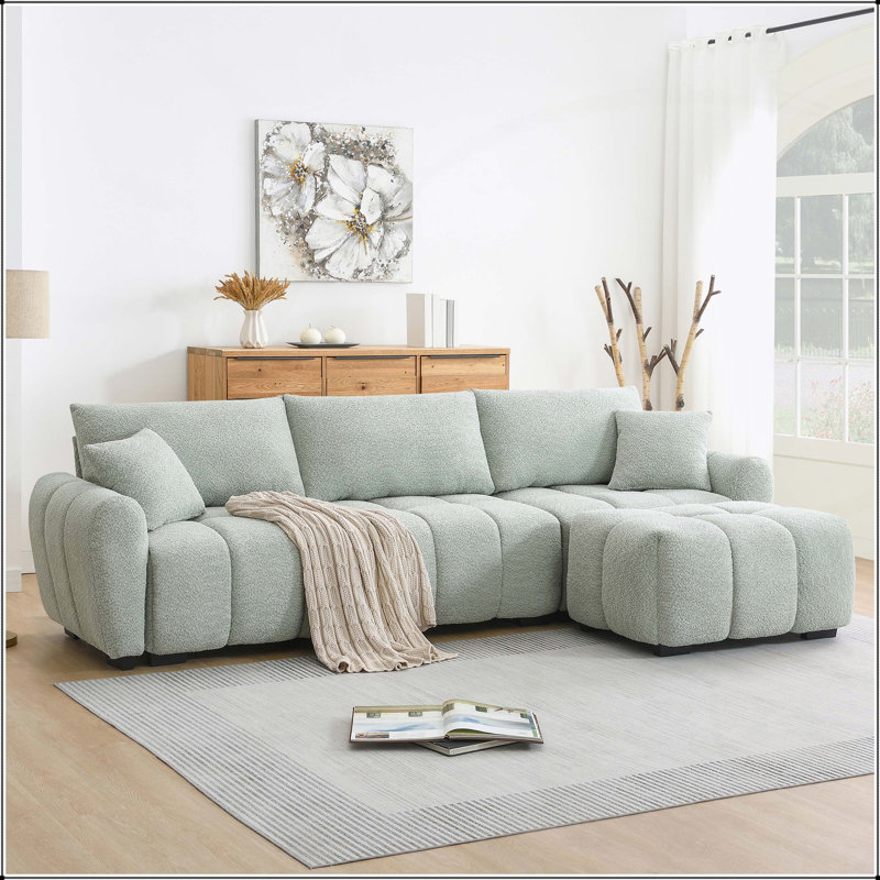 Canapé modulaire de 110 pouces avec siège très grand, repose-pieds mobile, mousse haute densité et structure en métal et bois robuste en tissu bouclé