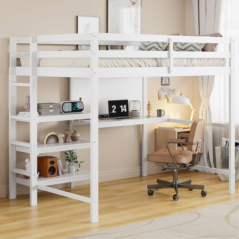 Lit mezzanine en bois avec tablettes, bureau et tableau d'écriture, Blanc
