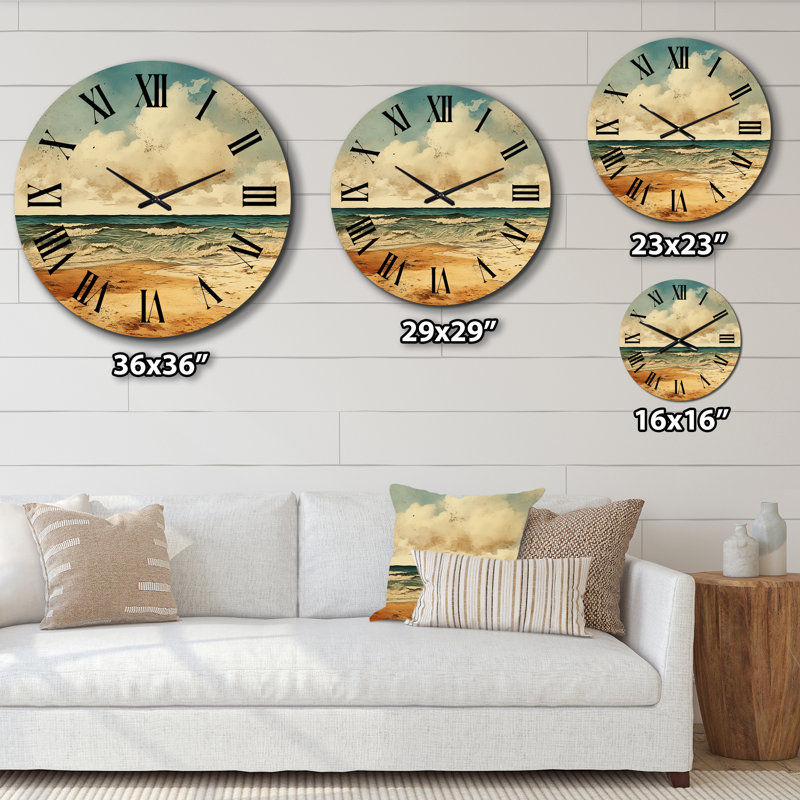 Vintage Beach Side Scenery II - Horloge murale nautique et plage, Petit