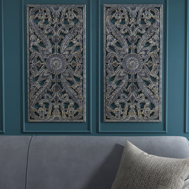 Décoration murale en bois 2 - Lotus vieilli à finition bleue antique pour l'intérieur et doré