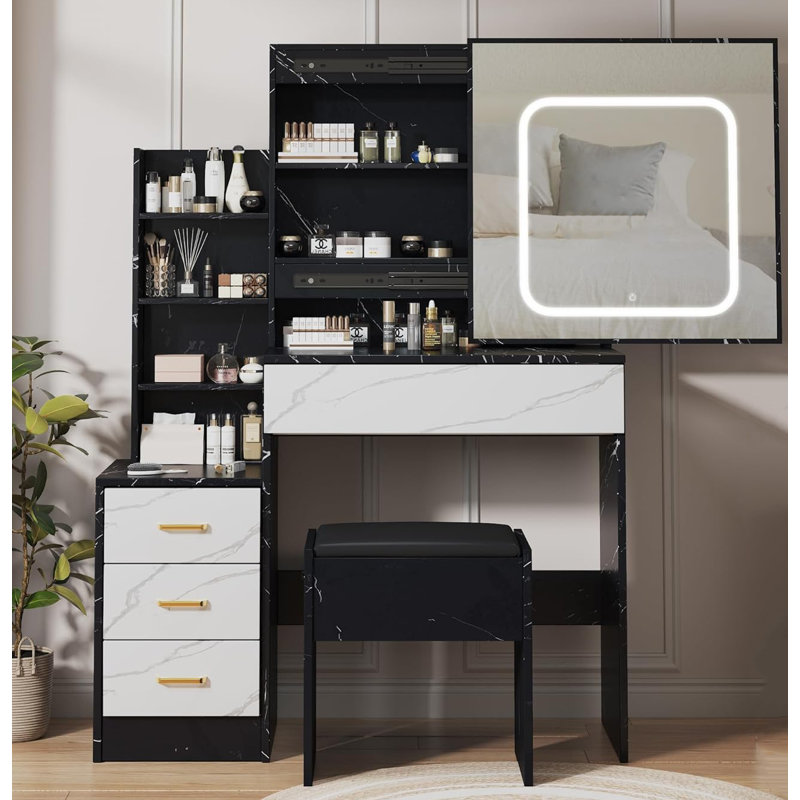 Coiffeuse de maquillage avec miroir coulissant à DEL, prise de courant et ports USB, 4 tiroirs de rangement, tablettes ouvertes et tabouret, coiffeuse de chambre à coucher avec éclairage réglable