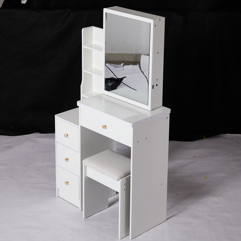 Meuble-lavabo compact avec commode de chevet gauche, comprenant une chaise rembourrée et un très grand miroir coulissant, rangement multi-couches, blanc élégant pour les petits espaces, petite table de meuble-lavabo avec tabouret rembourré