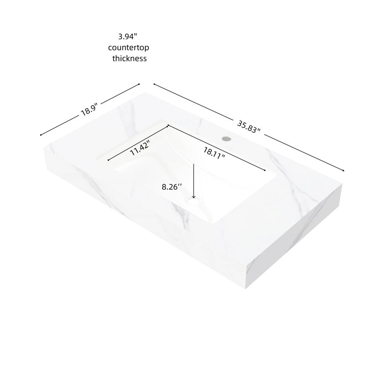 Comptoir en pierre frittée blanche de 91,4 cm (36 po) avec lavabo encastré en céramique, un trou pré-percé pour robinet, résistant aux hautes températures et à l'eau, profondeur de 91 cm (35,81 po), hauteur de 21,7 cm (8,51 po).
