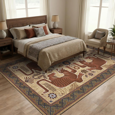 Tapis lavable à la machine à imprimé animal rétro avec envers en caoutchouc pour le salon et la chambre à coucher