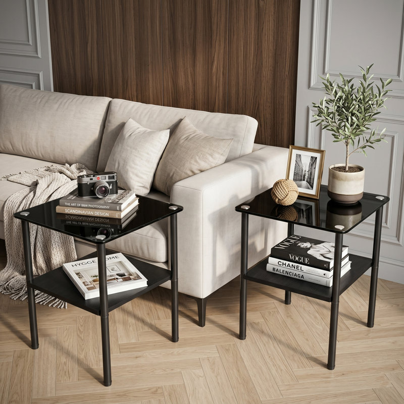 Ensemble de 2 tables d'appoint modernes en verre avec tablette de rangement en MDF et pieds en métal pour le salon