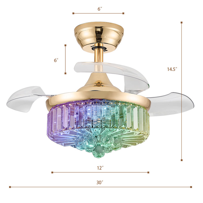 Ventilateur de plafond rétractable en cristal 30 "avec lumière RVB, Doré