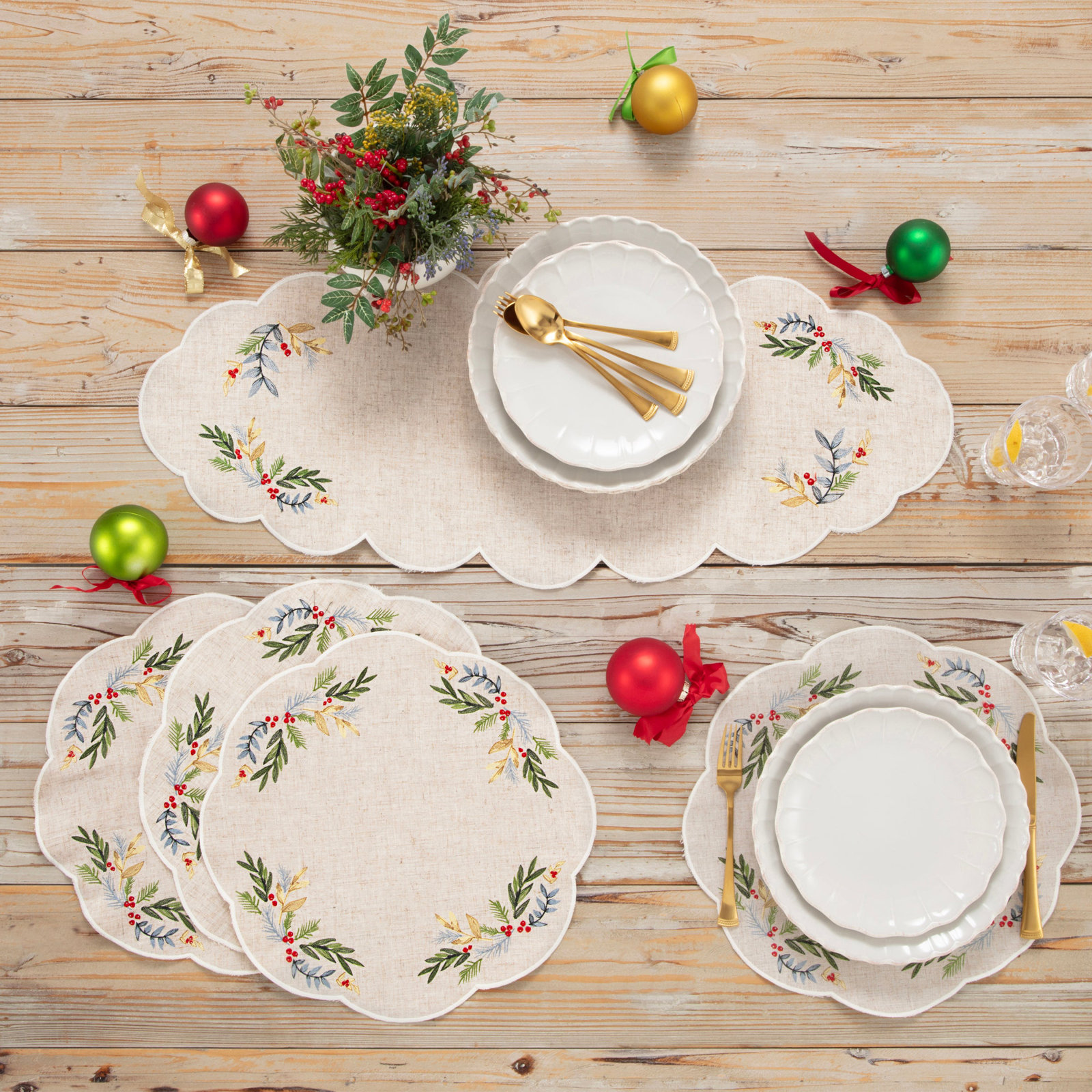 Lenox French Perle Holly Embroidered Placemat 4 Pack Set