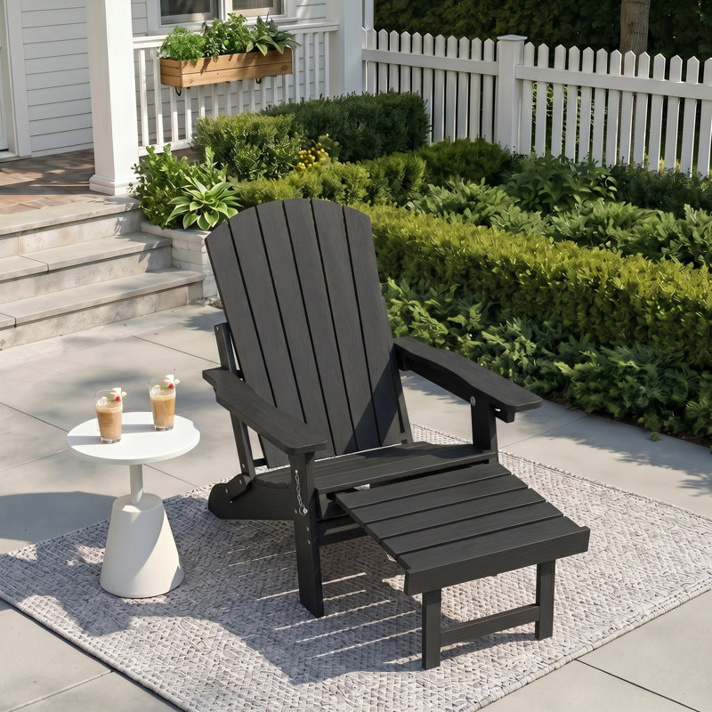  HDPE Outdoor Folding Adirondack Rocking Chair With Retractable Ottoman, Black