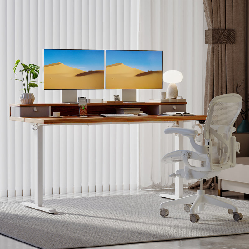 55" Electric Height Adjustable Standing Desk With Drawers,Home Office Desk with Large Monitor Shelf, 50" H x 55" W x 24" D