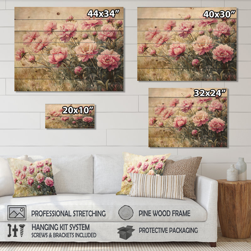 Peonies And The Summer Meadow III - Peonies Wood Wall Decor - On Natural Pine Wood, 10" H x 20" W x 0.78" D