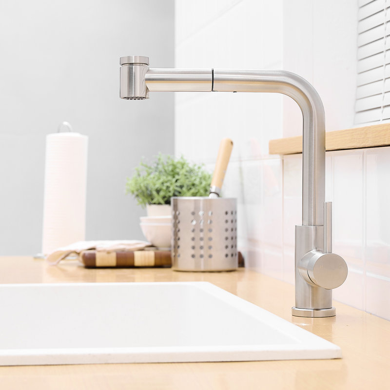 Pull Out Faucet For Kitchen Sink, Stainless Steel, Ceramic Filler, Contemporary Design 360 Rotatable Bathroom Sink With , Classic Style