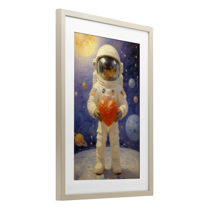 Astronaute tenant un cœur, reproduction sous verre, conception par Angie Hawke, H 20 po x l 14 po, Cadre de récolte en pin