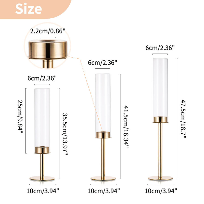 Gold and Glass Tall Hurricane Candlestick Holder Set of 3