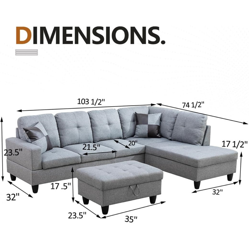 Canapé modulaire en forme de L de 103 po avec repose-pieds de rangement, Orienté à droite, Lin gris