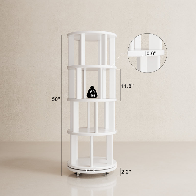 Oliver 360° Rotating Solid Wood Bookshelf, Equipped with Brake Wheels, Allowing for Flexible Adjustment, White