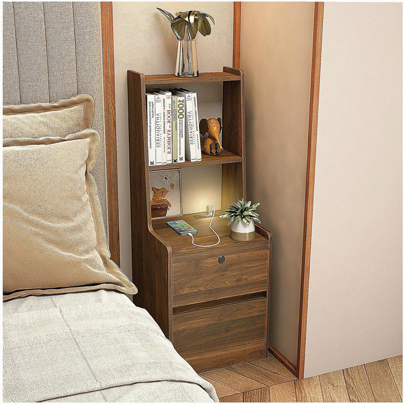Table de chevet avec station de charge et veilleuse, table de chevet intelligente, table de chevet moderne avec bibliothèque, table d'appoint de chambre à coucher avec armoire de rangement, bois