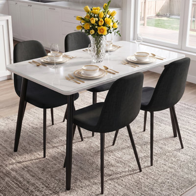 5 - Piece Modern Dining Set with 47" Tempered Glass Marble MDF Table and 4 Breathable Fabric Chairs, Metal Legs