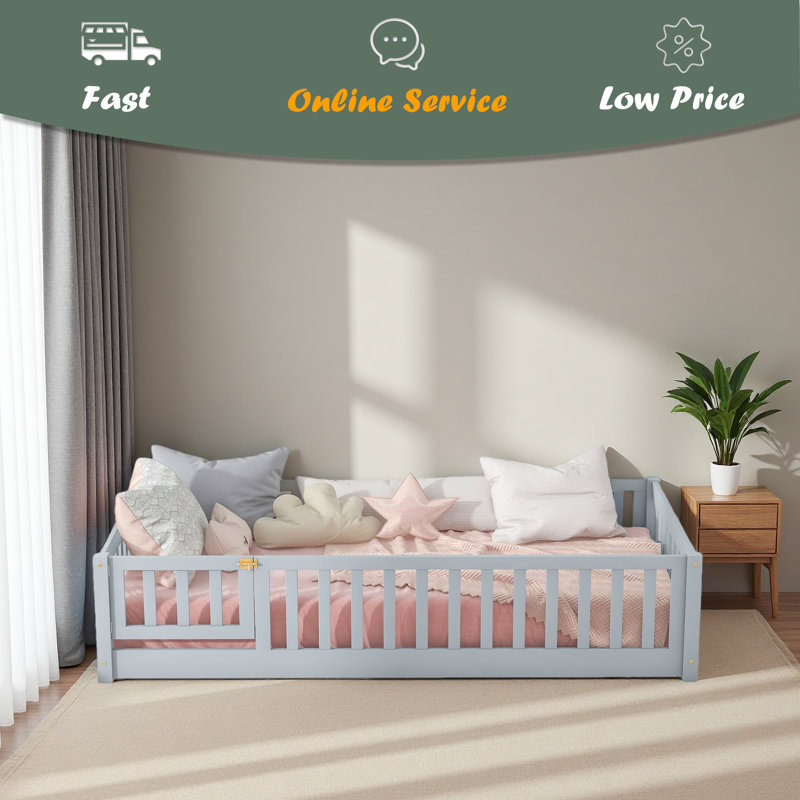 Twin Size Floor Bed With Fence And Door,Rubber Wood Floor Bed With Safety Guardrails, Gray