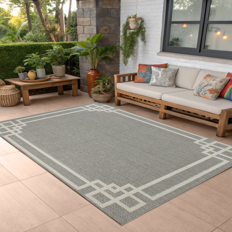Tapis d'extérieur à motif géométrique à tissage de bordure, léger et portable 5 x 7 pi