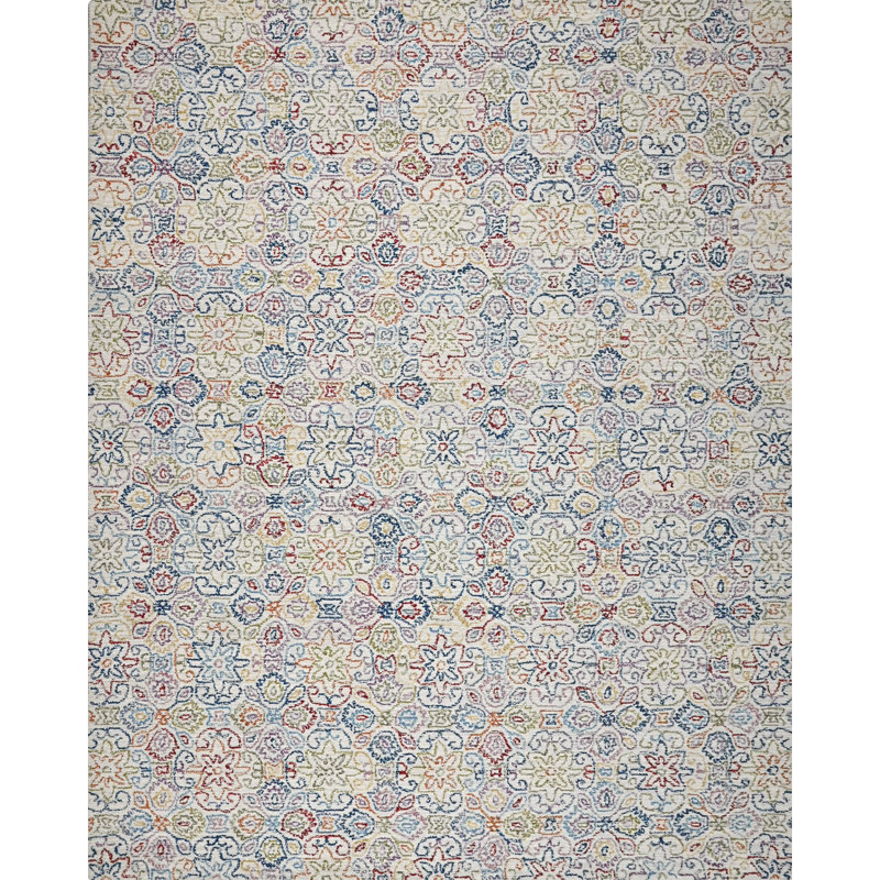 Cross Stitch Floral Hand Tufted Wool Area Rug in Cream/Blue/Red, Rectangle 8' x 10'