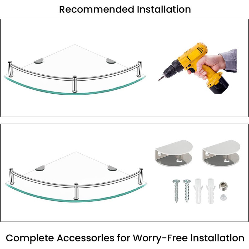 Tempered Glass Corner Shower Shelf with Stainless Steel Rail