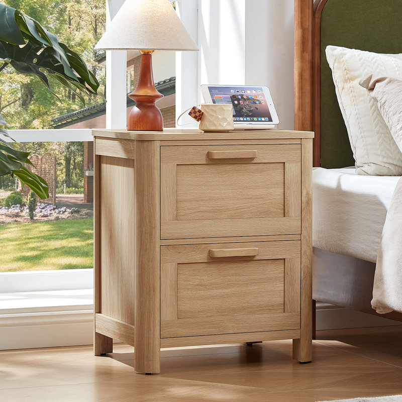 Farmhouse Nightstand With Charging Station, End Tables Bedroom With 2 Large Drawers & 4 Thickened Table Legs, Natural