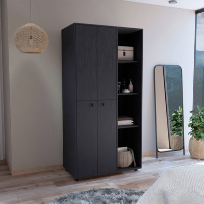 Armoire-penderie avec porte double, tiroir, barre à vêtements et tablettes ouvertes, pour chambre à coucher