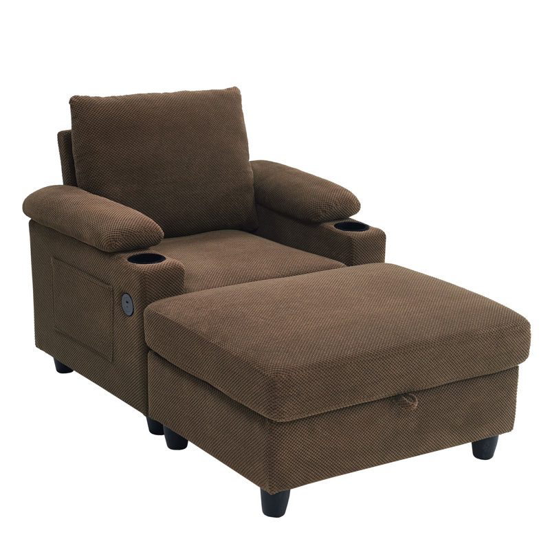 Chaise longue ajustable avec pouf de rangement, Bouclette brune
