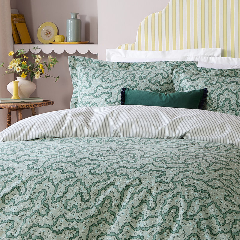 Brianna Cotton Striped Duvet Cover Set with Pillowcases Included, Super King Duvet Cover + 2 King Pillowcases, Tarragon Green