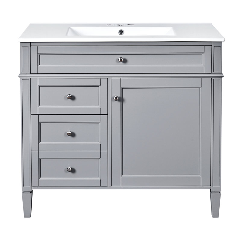 Meuble-lavabo de 36 po avec miroir et rangement, lavabo simple, 2 portes à fermeture douce, 4 tiroirs, 3 cuves pré-percées, peinture à l'eau, espace pour les articles de toilette, finition d'armoire, robinet de 4 po