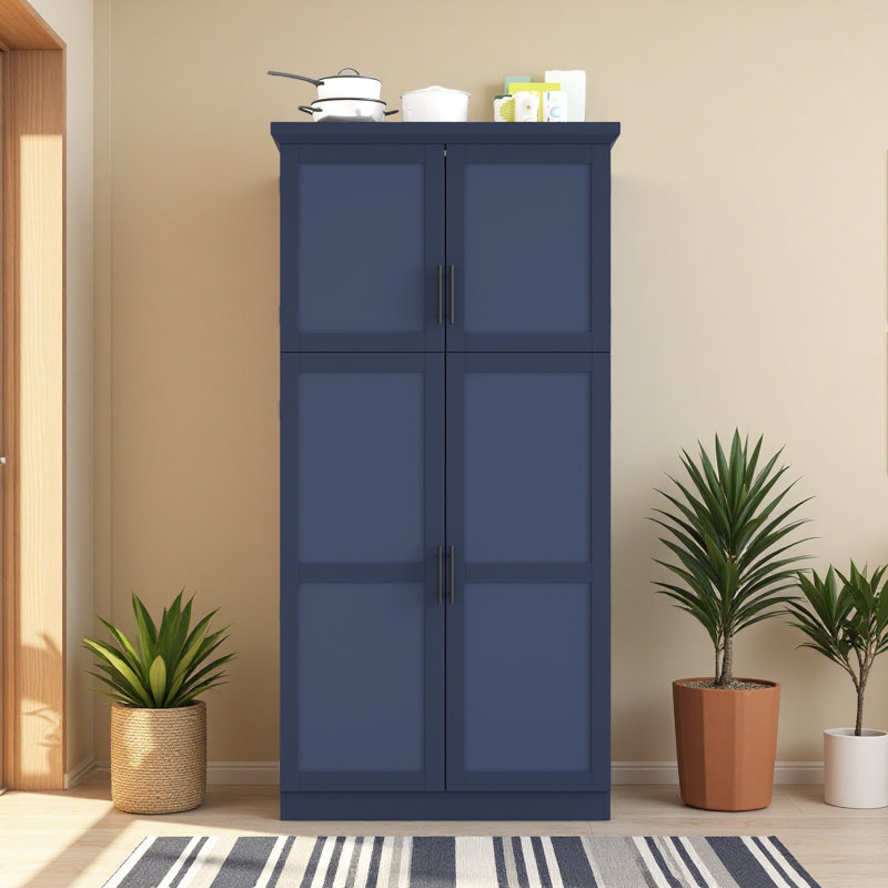 Armoire de cuisine autoportante, armoire de rangement haute avec 4 portes, 2 tablettes de porte, 8 plateaux coulissants et tablette réglable pour la salle à manger